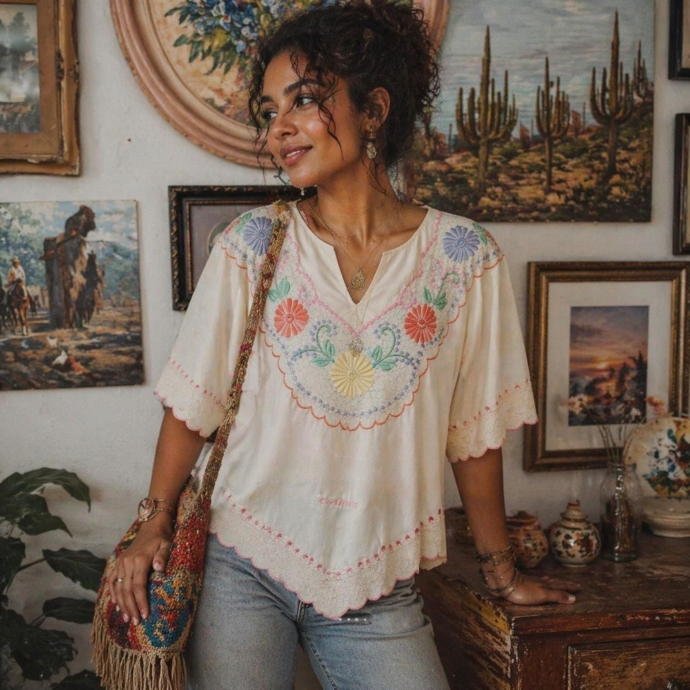 Vintage Hand Embroidered Boho Tunic Top Costa Rica Floral Cotton Cream S/M
